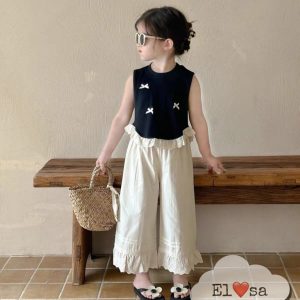 Quần áo bé gái - BỘ SÁT NÁCH QUẦN SUỒNG ĐÍNH NƠ Siêu Xinh cho bé 1-8 Tuổi