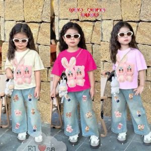 Quần áo bé gái - Sét áo phông hoạt hình BABY THREE mix Quần Bò xuông Siêu Xinh cho bé 1-8 Tuổi